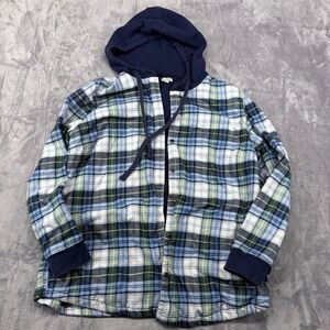 LLBean Mens XL Plaid Flannel Hooded Shirt Jacket Blue Green Comfort Soft